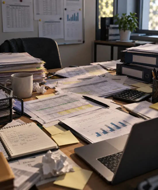 Piles of paper files and folders on a desk